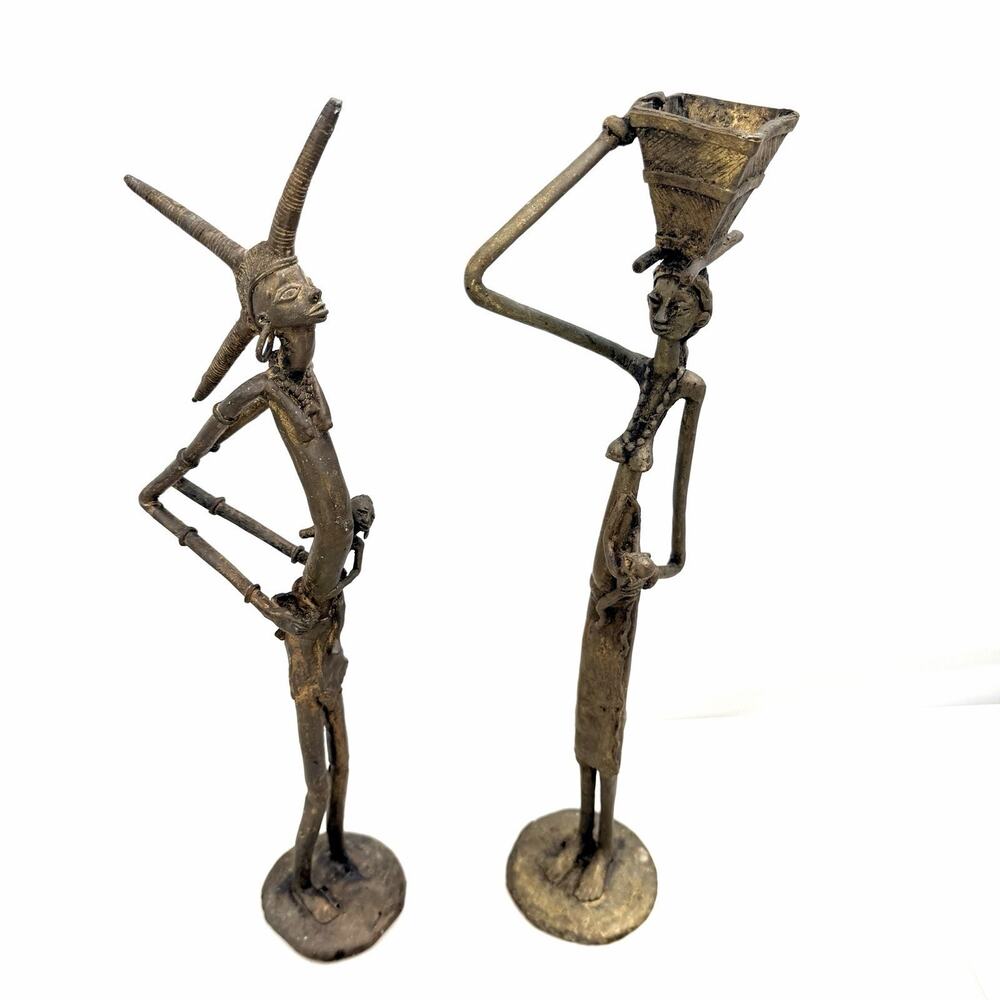 Vintage African Tribal Family Man Woman & Children Metal Statue Primitive Rustic